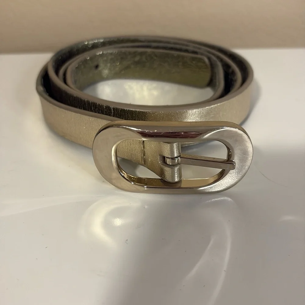 White House Black Market Gold Skinny Belt Shiny Size XL 36-42”